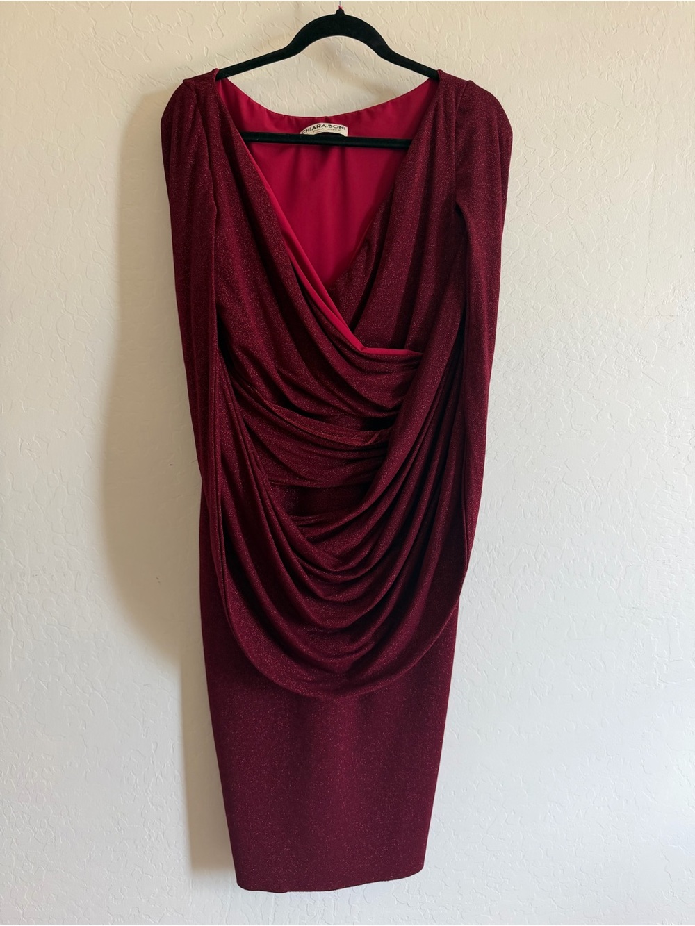 Chiara Boni La Petite Robe Burgundy Glitter Draped Cowl Neck Cocktail Dress 44/8